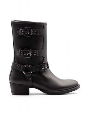Bota media pierna Biker de piel bovino para mujer Bota media pierna Biker de piel bovino para mujer
