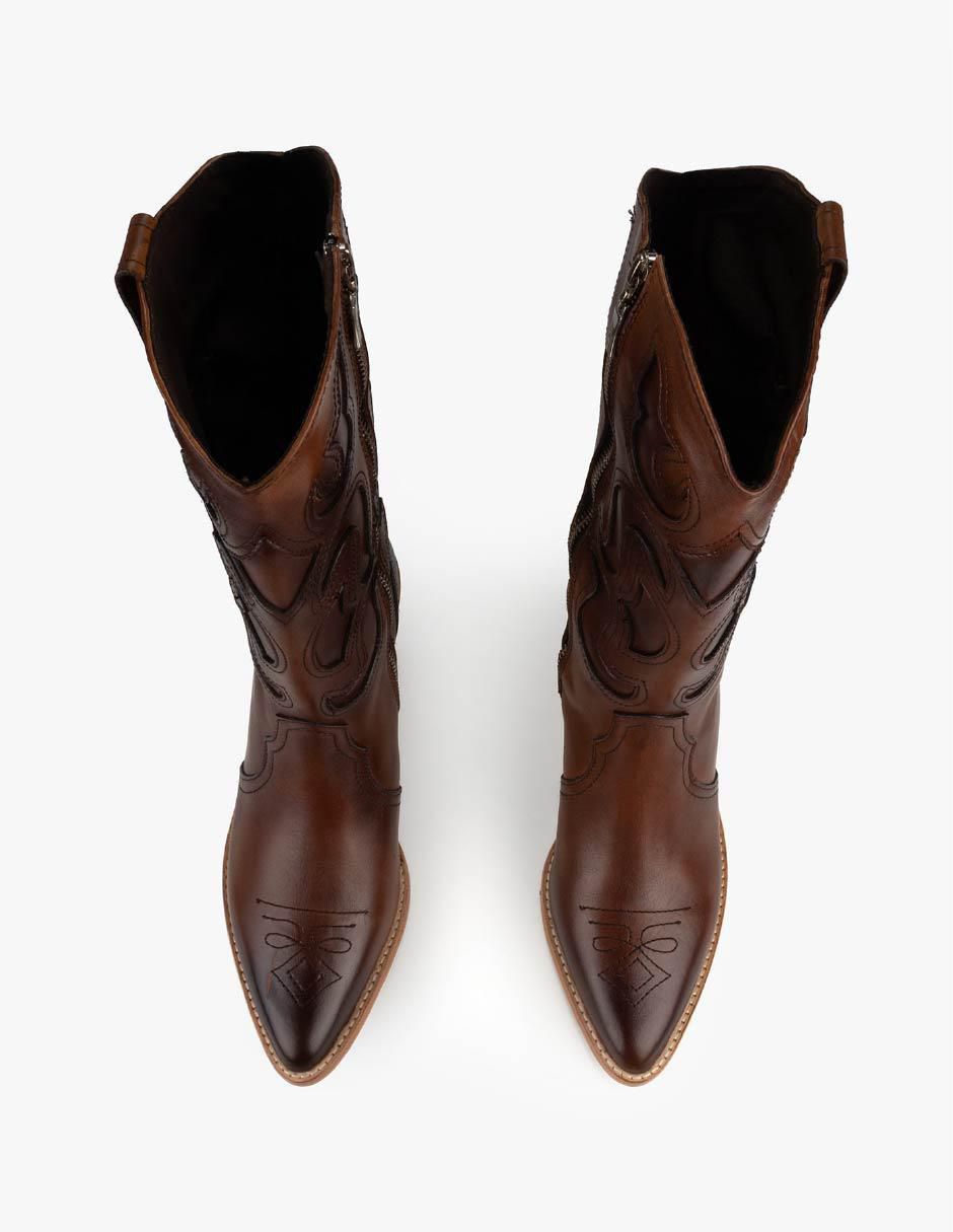Bota cowboy abajo de la rodilla Hörner de piel para mujer